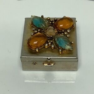 Vintage Gold Tone Pill Trinket Box Orange Turquoise Jeweled Square Box w/ Insert